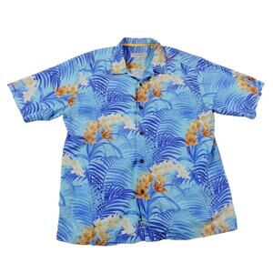Tommy Bahama Silk Floral Leaf Hawaiian Blue Tropical Button Up Camp Shirt Large